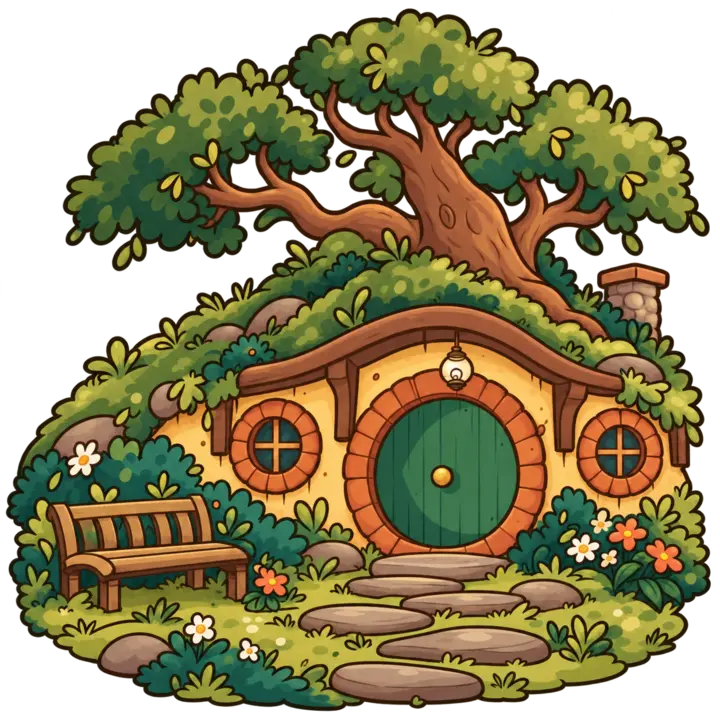 A storybook illustration of a green round-door hobbit home beneath an oak tree, with garden flowers and stone steps.